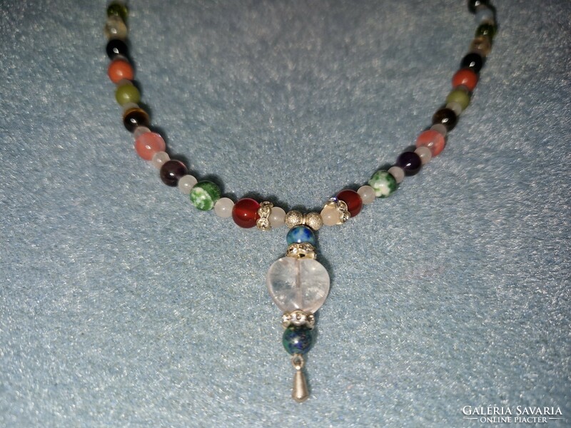 Multi-chakra necklace with a rose quartz heart and many, many precious stones - many, many handmade jewels