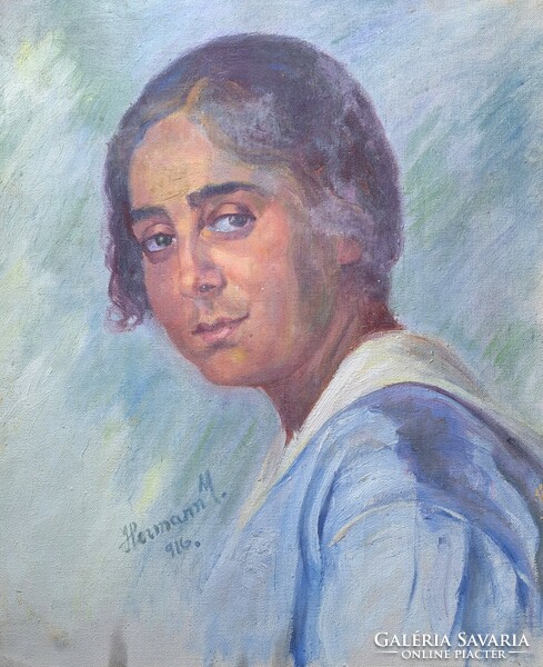 Női portré 1916-ból Hermann jelzéssel (olaj, vászon, mérete kerettel 51x43 cm)