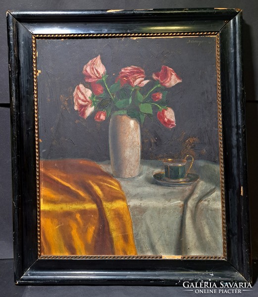 Still life with roses and cup (old oil painting) with mine sign - table still life