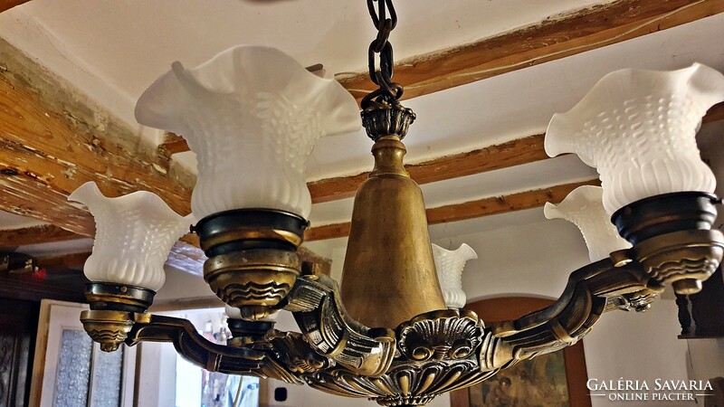 6-arm, old, copper chandelier, flawless, with Art Nouveau glass shades.