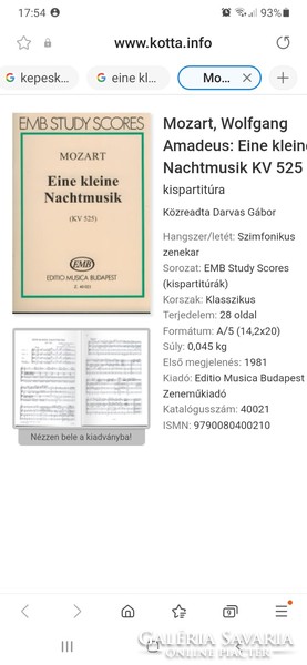 Mozart: Eine kleine Nachtmusik Egy kis éji zene kotta EMB Study Scores Z. 40021