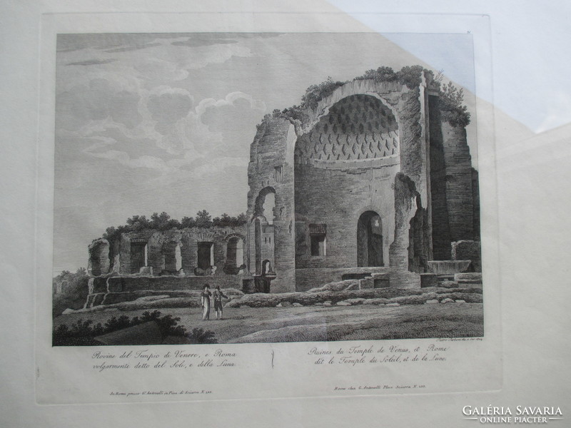 Ruins of an antique Roman church (temple of Venus) in a 19th century engraving - in a frame, under glass