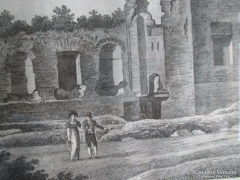 Antik római templom (Vénusz temploma) romja 19. századi metszeten - keretben, üveg alatt