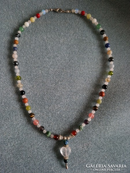 Multi-chakra necklace with a rose quartz heart and many, many precious stones - many, many handmade jewels