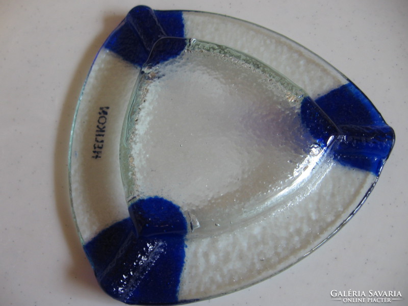 Retro helikon cigarette advertising glass ashtray triangular, cobalt