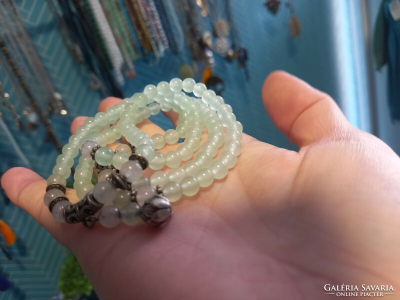 Genuine Tibetan gemstone mala with polished aquamarine ball with lotus