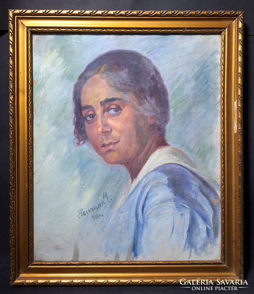 Női portré 1916-ból Hermann jelzéssel (olaj, vászon, mérete kerettel 51x43 cm)