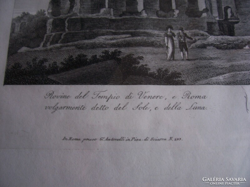 Ruins of an antique Roman church (temple of Venus) in a 19th century engraving - in a frame, under glass