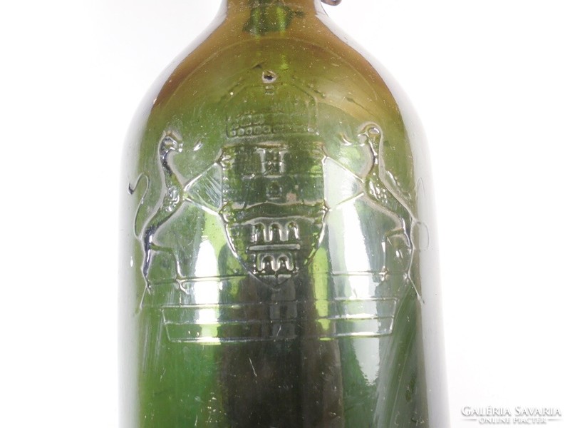 Antique old buckled glass bottle with dew water inscription and Hungarian royal crown coat of arms