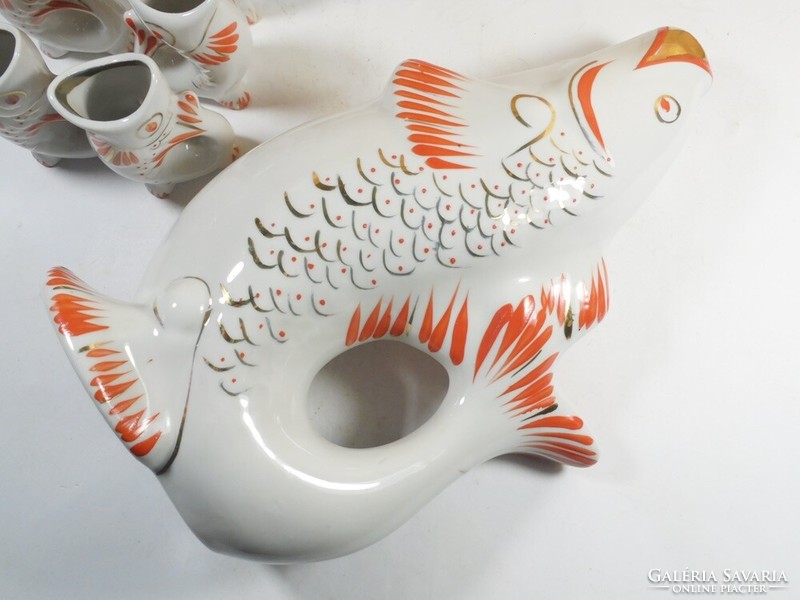 Régi retro jelzett ukrán porcelán halas hal italos készlet kiöntő 6 db pohár ZHK. POLONNE jelzés