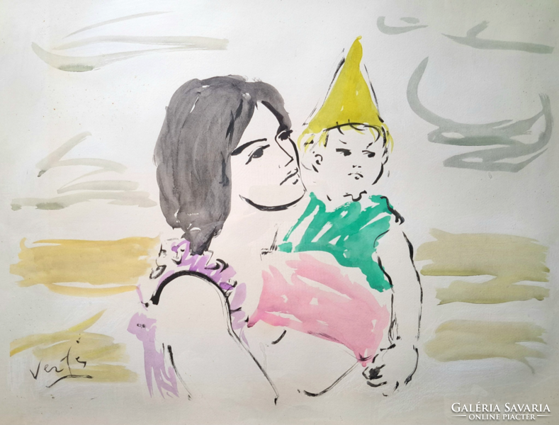 Marcell Vértes (1895-1961): mother with child (color lithograph) parental love, motherhood