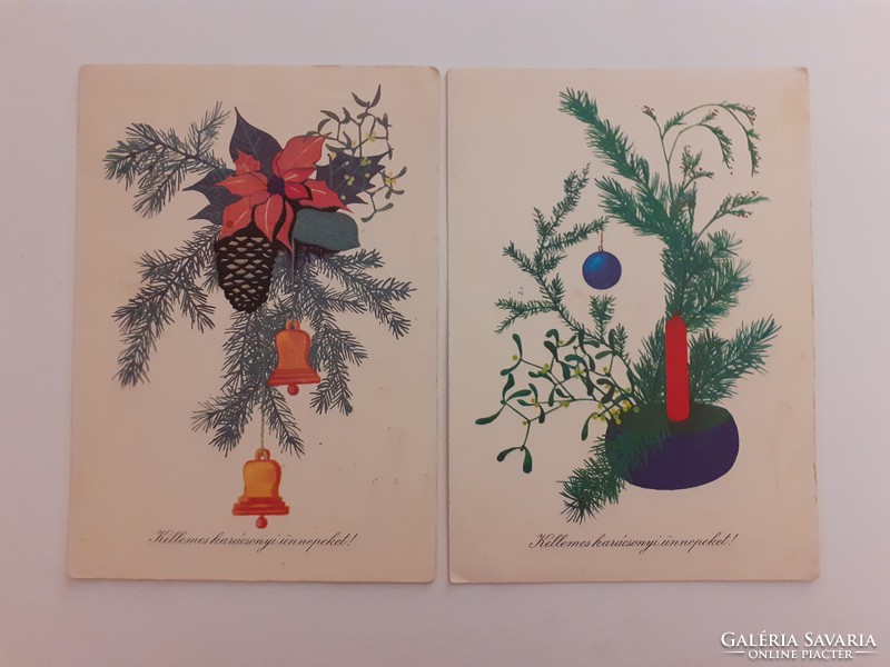 Régi képeslap karácsonyi rajzos levelezőlap fenyőág 2 db