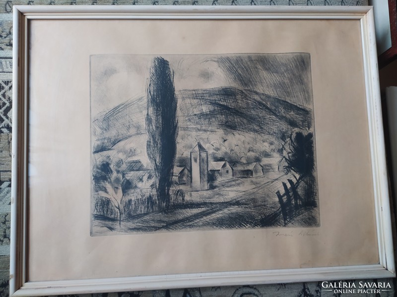 Iván solid - village flawless etching, glazed in original frame, signed, 47 x 36 cm