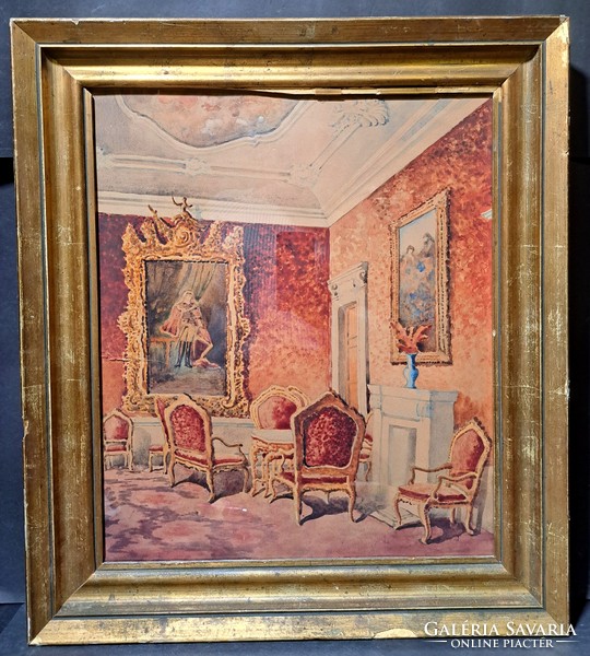 Interior of a noble room, old watercolor - size with frame 60x53 cm