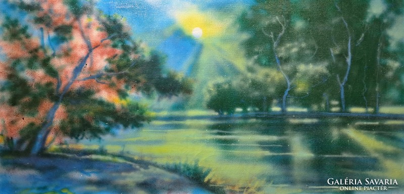 Sunset on the lake (oil, canvas, framed 102x52 cm) twilight landscape - László Sotyori?