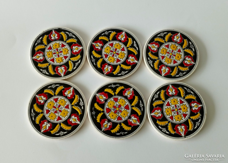 6 hand-painted Greek majolica cups with coasters