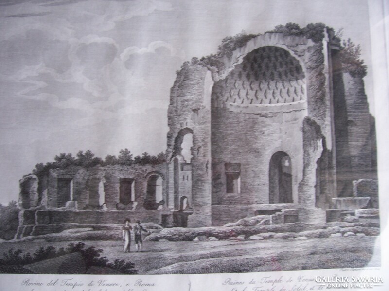 Ruins of an antique Roman church (temple of Venus) in a 19th century engraving - in a frame, under glass