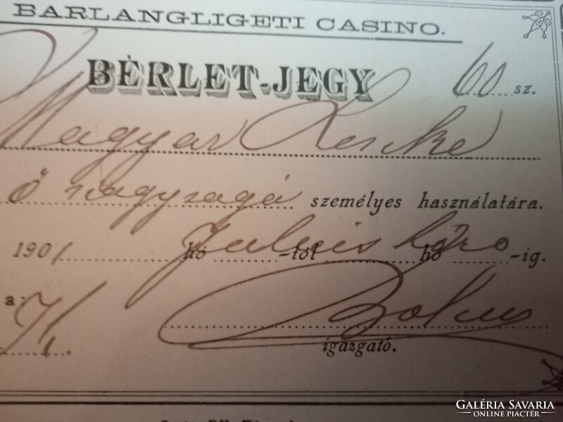 Számozott névre szóló jegy 1901. július hóra a Barlangligeti Casinóba