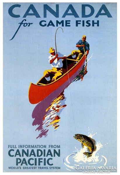 Vintage utazási plakát reprint Canadian Pacific horgászat halászat kenu csónak tó pecabot hal Kanada