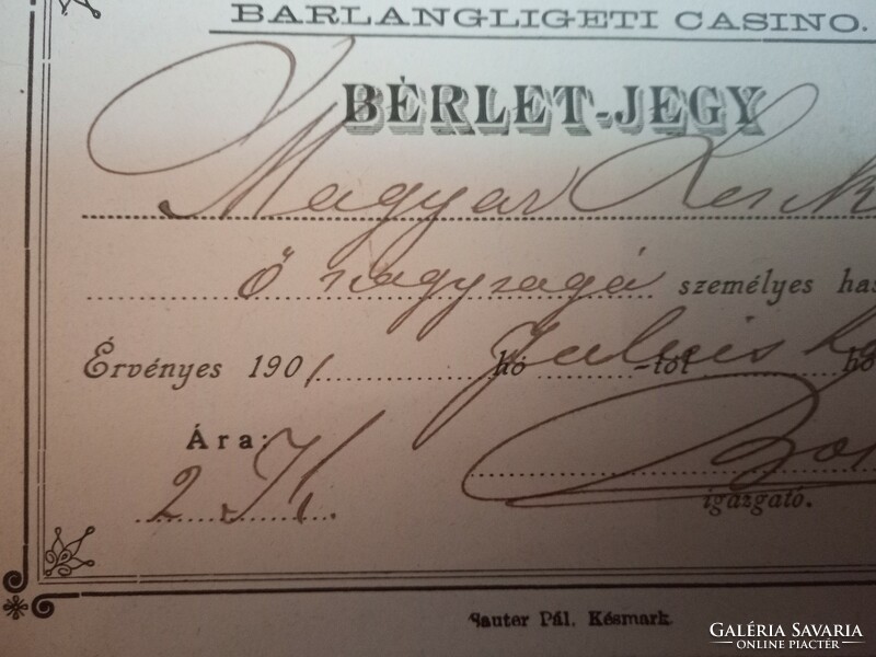 Számozott névre szóló jegy 1901. július hóra a Barlangligeti Casinóba