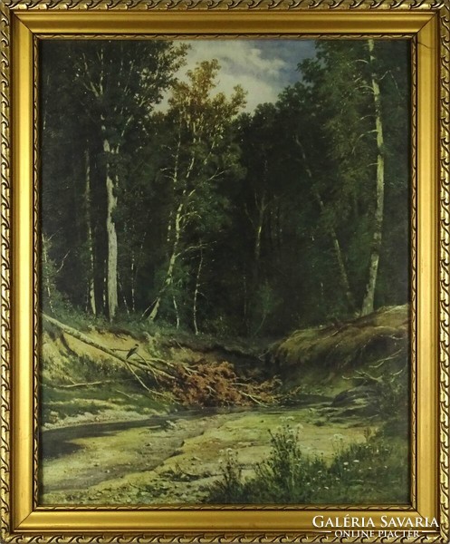 1M077 Keretezett színes reprodukció tájkép szarkával 58 x 48 cm