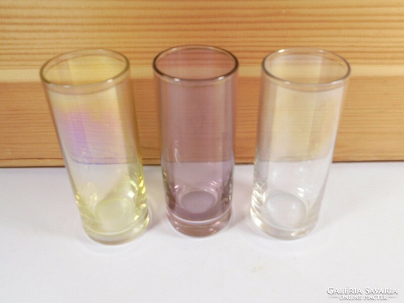 Retro régi irizáló színezett üveg shot-os pálinkás rövid italos -alkohol- pohár készlet - 3 db