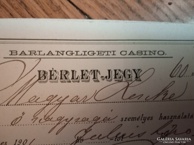 Számozott névre szóló jegy 1901. július hóra a Barlangligeti Casinóba