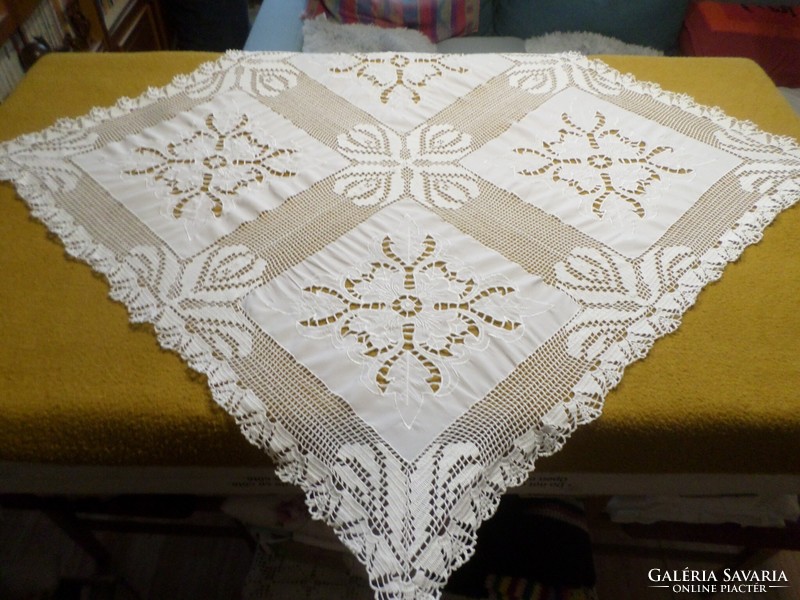 Dreamy white crochet lace, embroidered, openwork tablecloth.