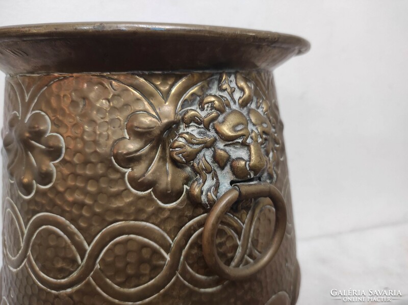 Antique kaspó 1912 patinated embossed brass lion head flower holder nr.8 6768