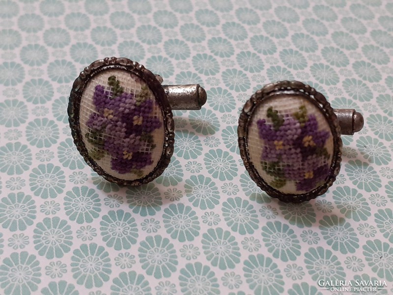 Old women's cufflinks with floral tapestry in violet