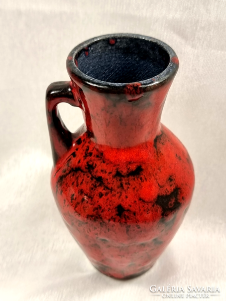 Festett piros-fekete mázas kerámia füles váza, 1960-70-es évek