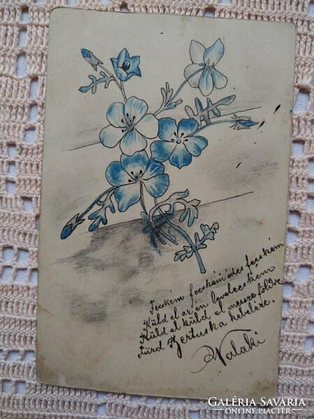 Antique unique handmade blue floral postcard, circa 1900