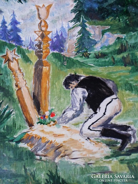 Olaj-farost festmény - Székely legény kopjafás sírhantnál