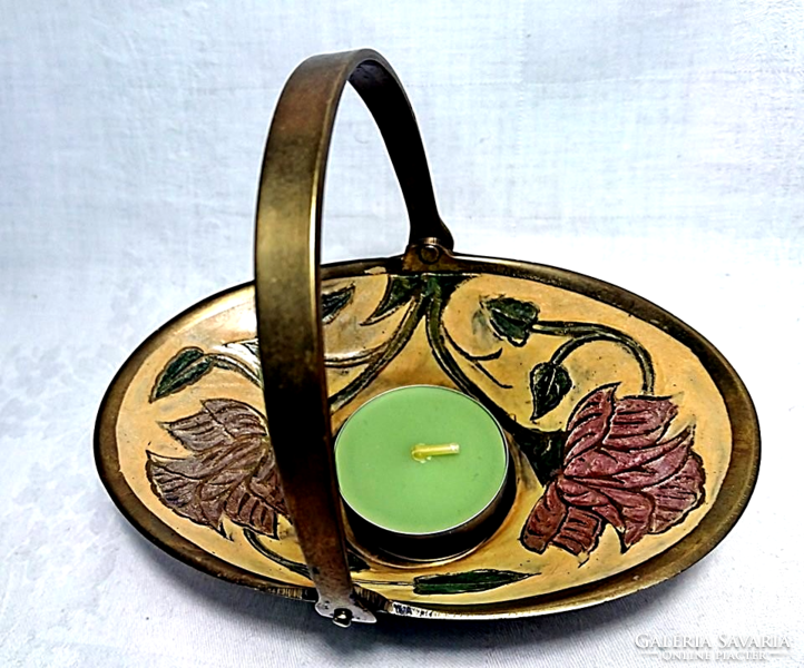 Copper fold-down handle oval relief carved and painted flower basket with lucky green wick