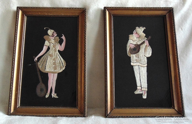 Art deco, elegant gold silk thread embroidered images in pairs. 26 X 38 cm