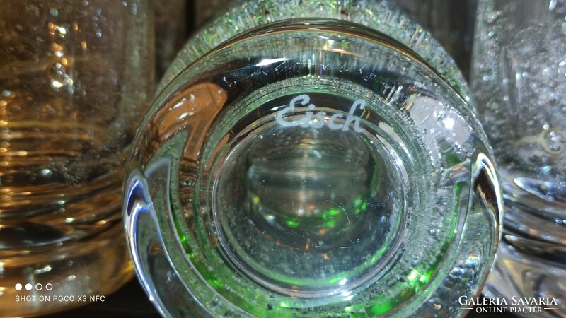 EISCH jelzett eredeti extrém ritka zöld peremű buborékos vastag falú üveg pohár készlet 6 darabos