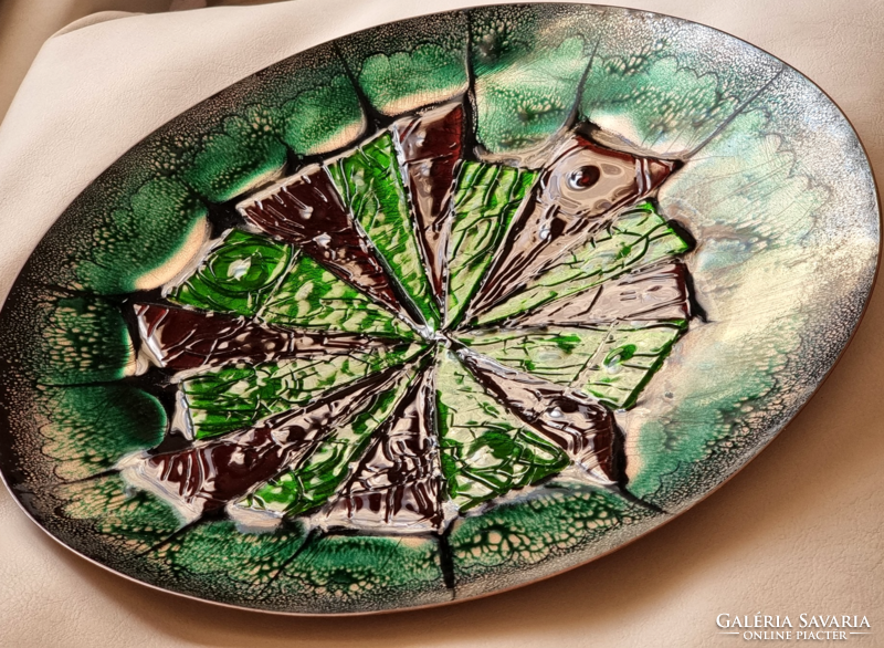 Pierrette Leclaire 1931- visual artist, industrial artist's workshop fire enamel bowl. Beautiful abstract on copper plate