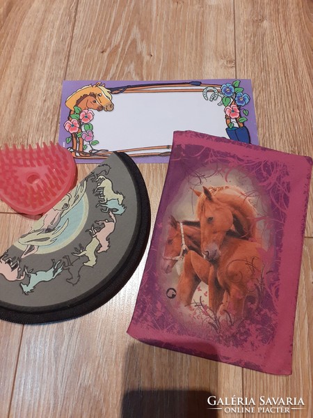 Pony club package: equestrian textile notebook cover, mane brush, small pillow that can be hung on a belt, glasses case, board