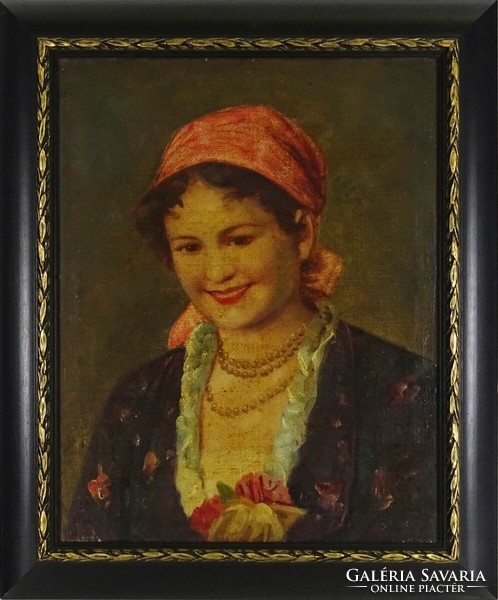 1L868 xx. Century painter: portrait of a woman with a red scarf