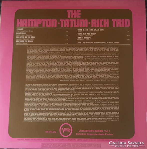 HAMPTON - TATUM - RICH TRIO    JAZZ LP  BAKELIT LEMEZ  VINYL