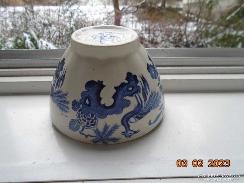 1916 Oriental blue and white peacock, leafy, numbered bowl from woods&sons with yuan pattern