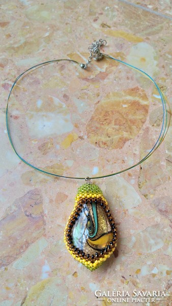 Unique handmade pearl embroidered large glass pendant on a chain 5.5 cm