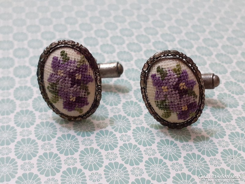 Old women's cufflinks with floral tapestry in violet