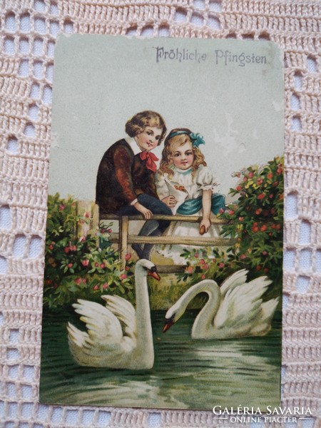 Antik litho/litográfiás képeslap, gyerekek, tó, hattyúk 1917