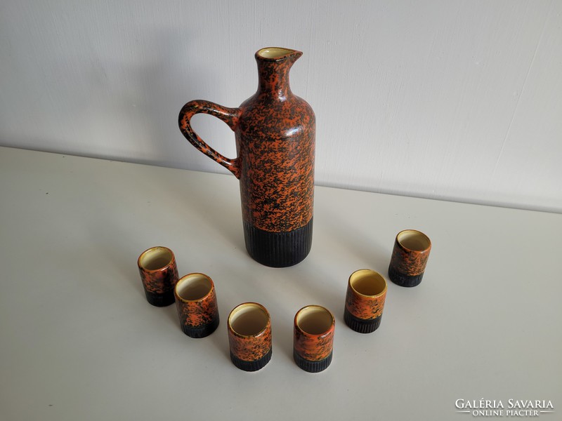 Retro pond head old ceramic jug pouring jug and 6 glasses mid century drinking set
