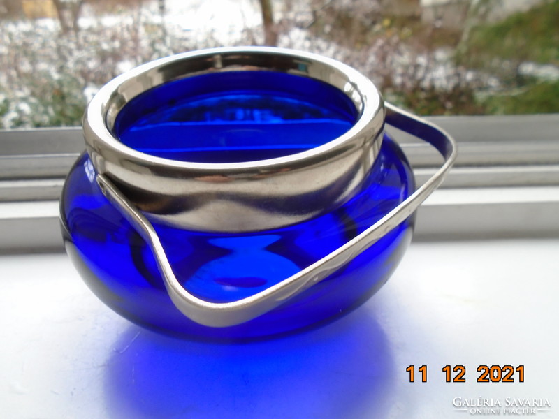 Cobalt blue glass sugar bowl with silver-plated metal rim, lid and pliers