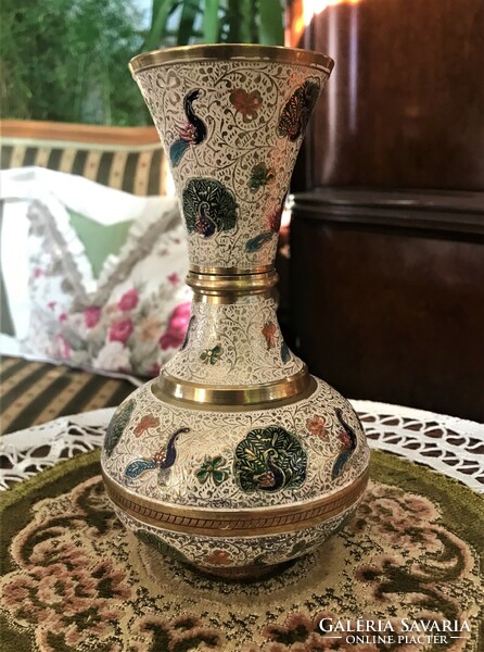 Brass, colored, fire enamel, peacock vase, elegant, unique design