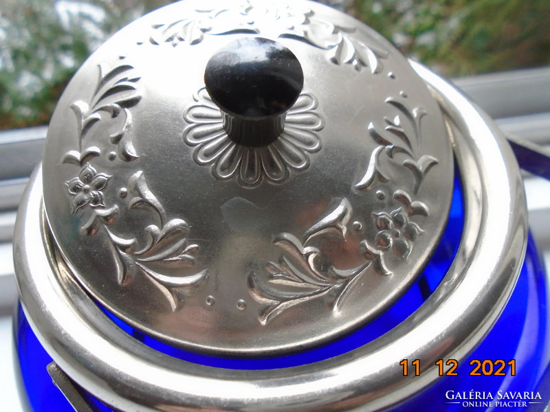 Cobalt blue glass sugar bowl with silver-plated metal rim, lid and pliers