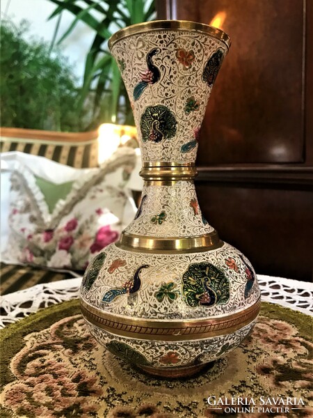 Brass, colored, fire enamel, peacock vase, elegant, unique design