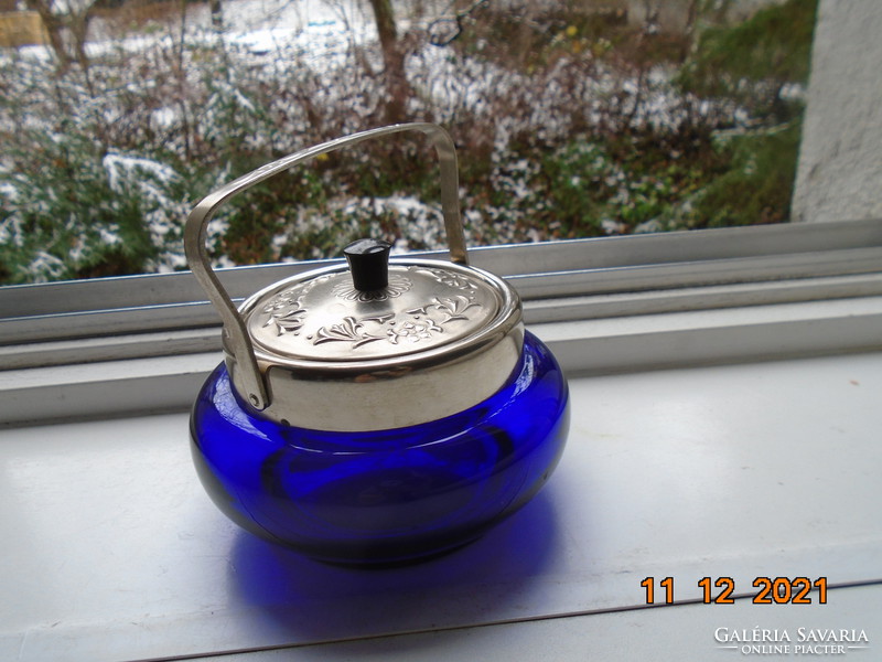 Cobalt blue glass sugar bowl with silver-plated metal rim, lid and pliers